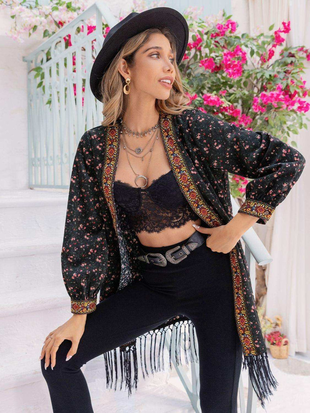 Printed Fringe Detail Cardigan - Trendsi - Flyclothing LLC