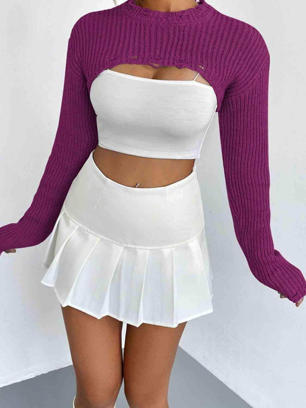 Distressed Long Sleeve Cropped Sweater - Trendsi - Flyclothing LLC