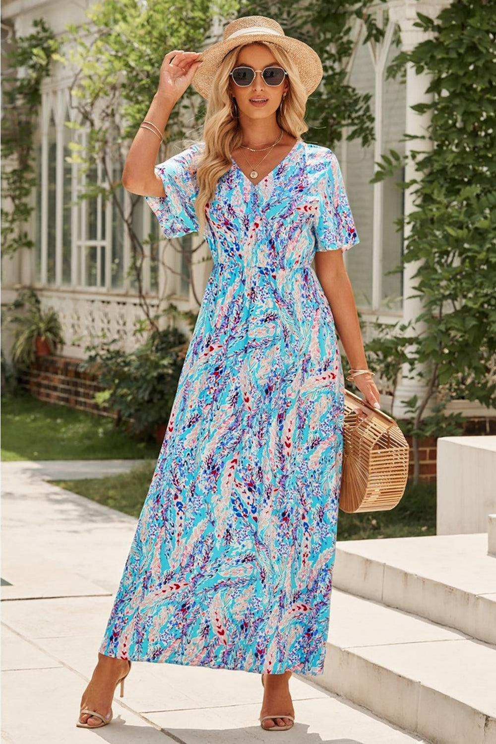 Multicolored V-Neck Maxi Dress - Trendsi - Flyclothing LLC
