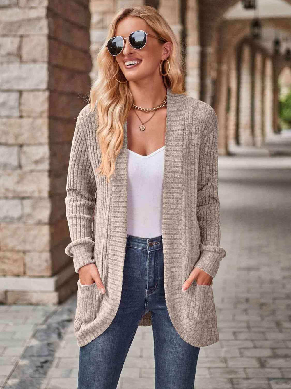 Open Front Cardigan with Pockets - Trendsi - Flyclothing LLC