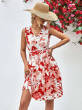 Floral V-Neck Tie Waist Sleeveless Dress - Trendsi - Flyclothing LLC