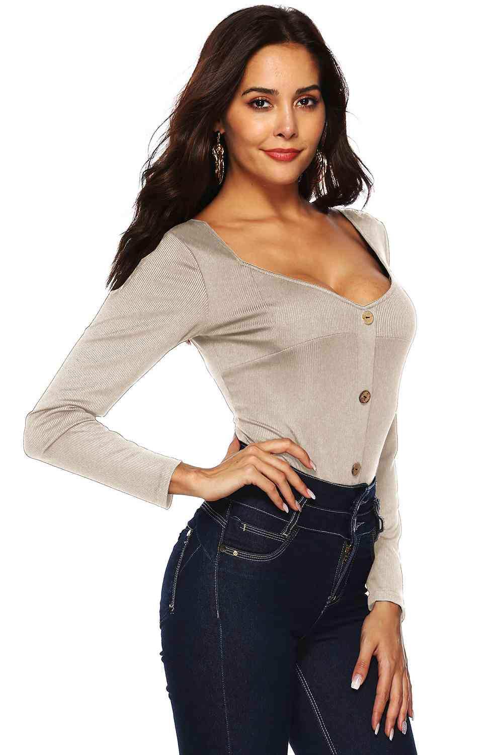 Button Detail Bodysuit - Trendsi - Flyclothing LLC