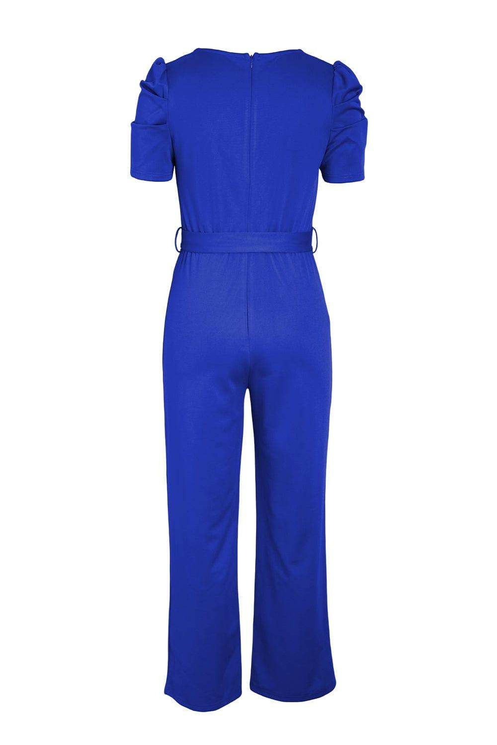 Belted Puff Sleeve V-Neck Jumpsuit - Trendsi - Flyclothing LLC