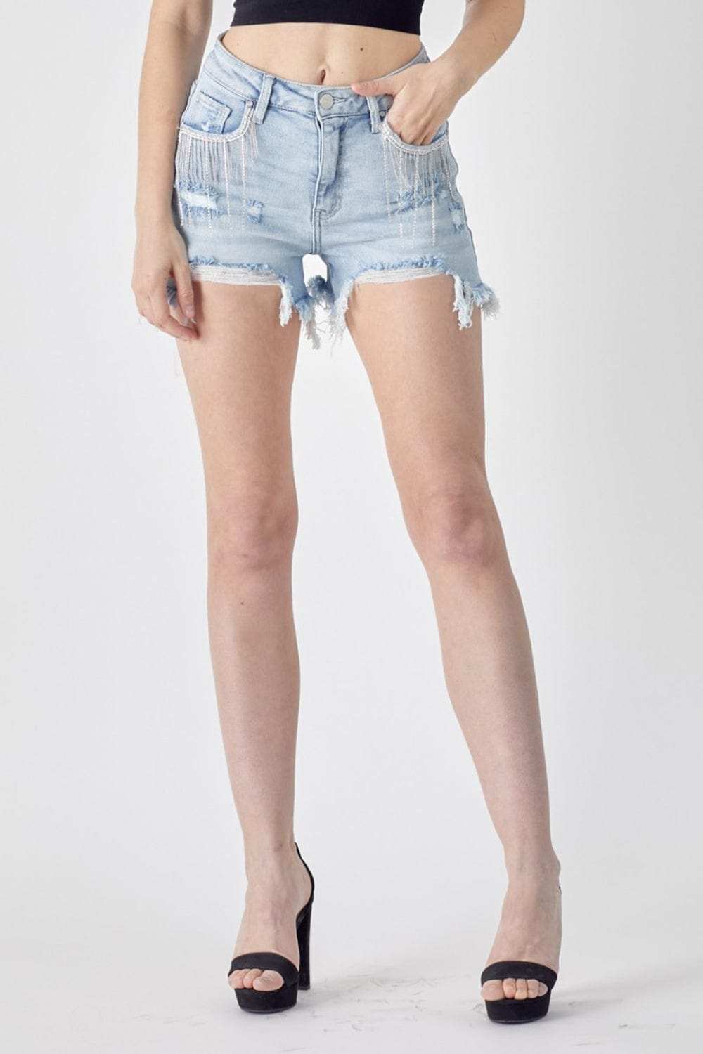 RISEN Frayed Hem Denim Shorts with Fringe Detail Pockets - Trendsi - Flyclothing LLC