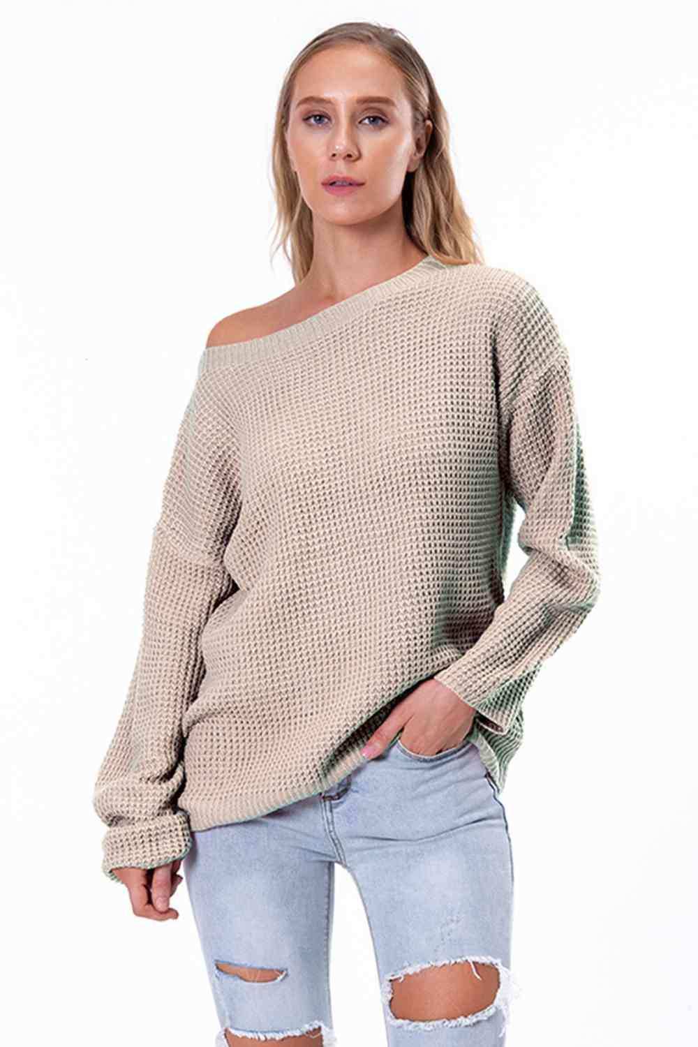 Boat Neck Drop Shoulder Long Sleeve Sweater - Trendsi - Flyclothing LLC
