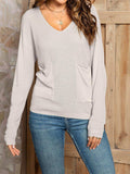 V-Neck Long Sleeve Knit Top with Pocket - Trendsi - Flyclothing LLC