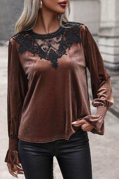 Lace Detail Round Neck Smocked Flounce Sleeve Blouse - Trendsi - Flyclothing LLC