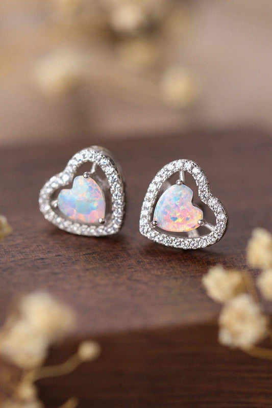 925 Sterling Silver Opal Heart Stud Earrings - Trendsi - Flyclothing LLC