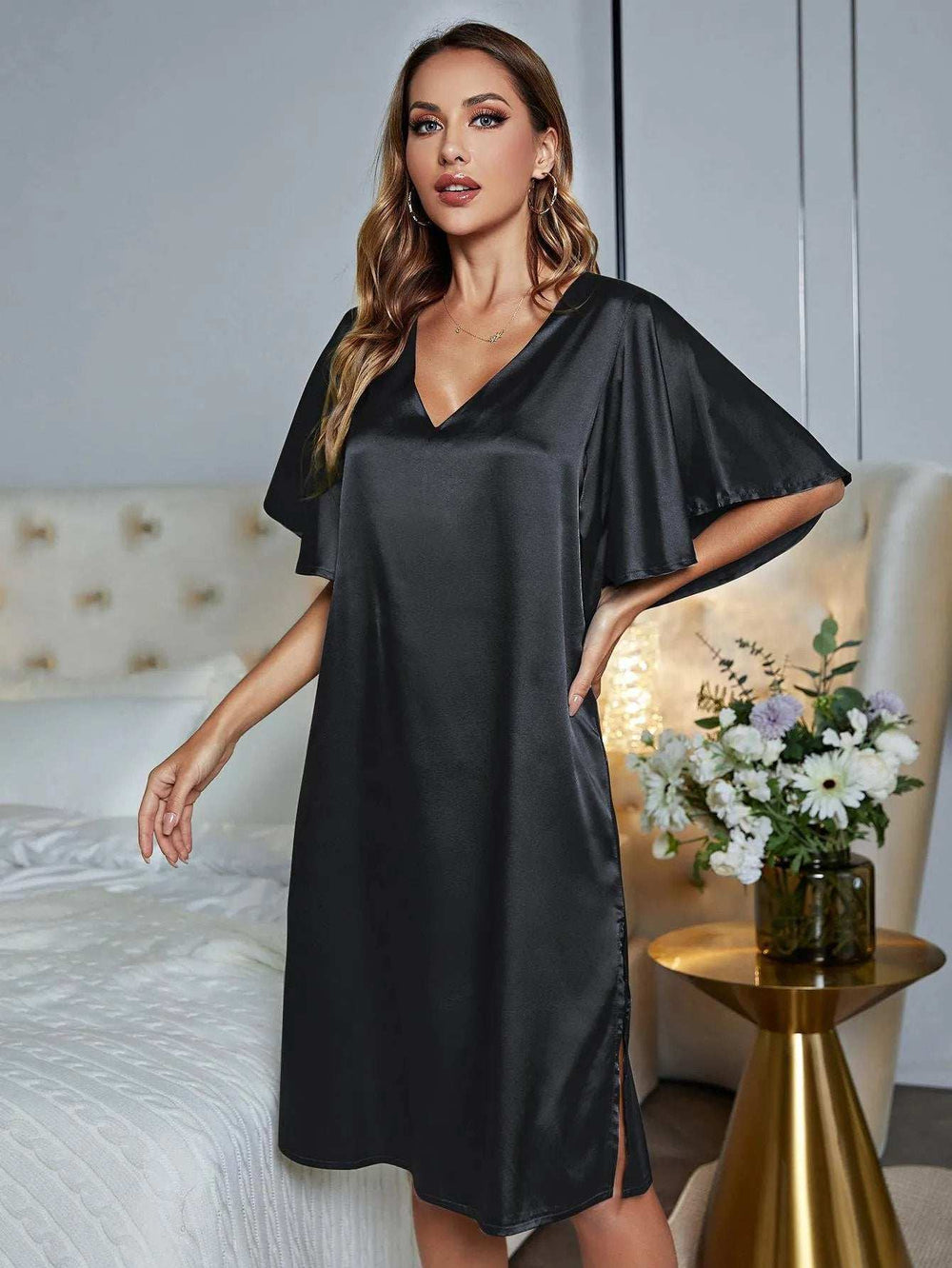 V-Neck Flutter Sleeve Night Dress - Trendsi - Flyclothing LLC