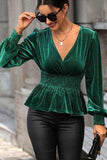 Smocked Surplice Lantern Sleeve Peplum Blouse - Trendsi - Flyclothing LLC