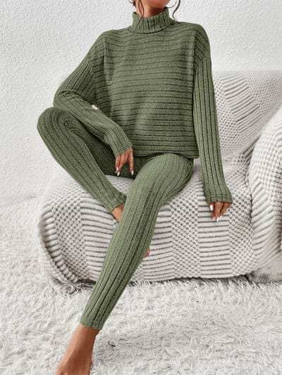 Ribbed Turtleneck Top and Pants Set - Trendsi - Flyclothing LLC