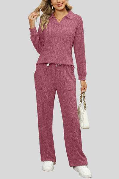 Ribbed Long Sleeve Top and Pocketed Pants Set - Trendsi - Flyclothing LLC