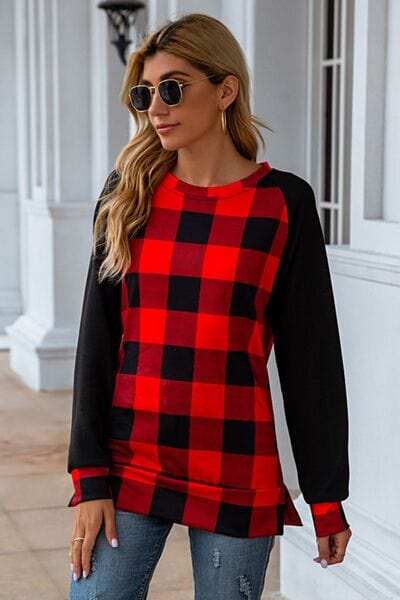Plaid Round Neck Long Sleeve T-Shirt - Trendsi - Flyclothing LLC