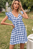 Plaid Butterfly Sleeve Deep V Dress - Trendsi - Flyclothing LLC