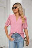 Eyelet Short Puff Sleeve Notched Neck Top - Trendsi - Flyclothing LLC