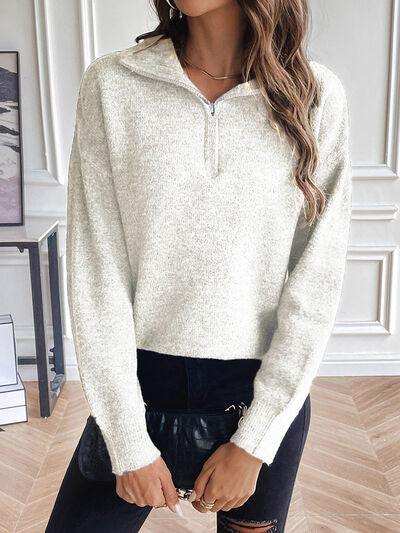 Half Zip Dropped Shoulder Sweater - Trendsi - Flyclothing LLC