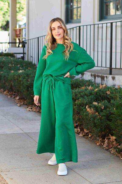 Double Take Full Size Textured Long Sleeve Top and Drawstring Pants Set - Trendsi - Flyclothing LLC