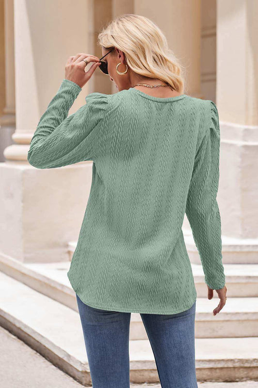 Round Neck Puff Sleeve Blouse - Trendsi - Flyclothing LLC