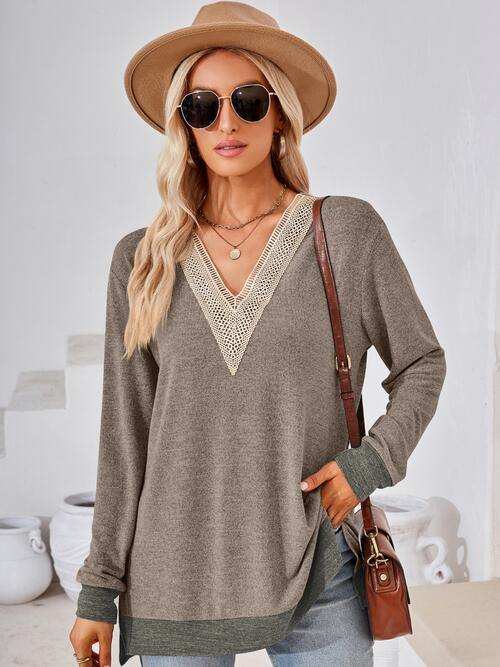 Crochet Contrast V-Neck Long Sleeve Slit T-Shirt - Trendsi - Flyclothing LLC