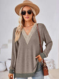 Crochet Contrast V-Neck Long Sleeve Slit T-Shirt - Trendsi - Flyclothing LLC