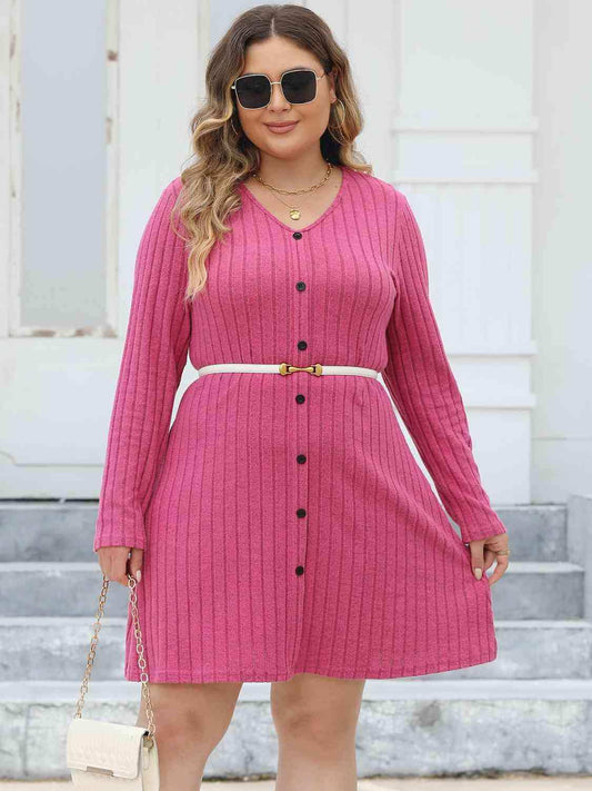 Plus Size Ribbed Buttoned V-Neck Long Sleeve Dress - Trendsi - Flyclothing LLC