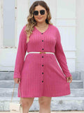 Plus Size Ribbed Buttoned V-Neck Long Sleeve Dress - Trendsi - Flyclothing LLC