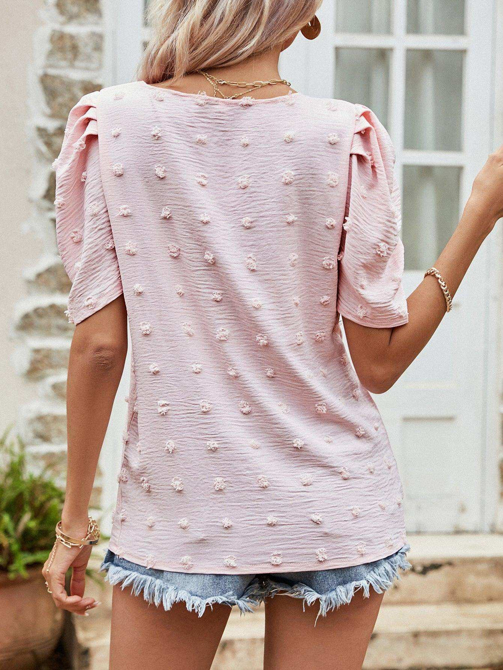 Swiss Dot Short Puff Sleeve Top - Trendsi - Flyclothing LLC