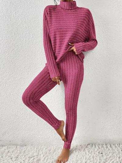 Ribbed Turtleneck Top and Pants Set - Trendsi - Flyclothing LLC