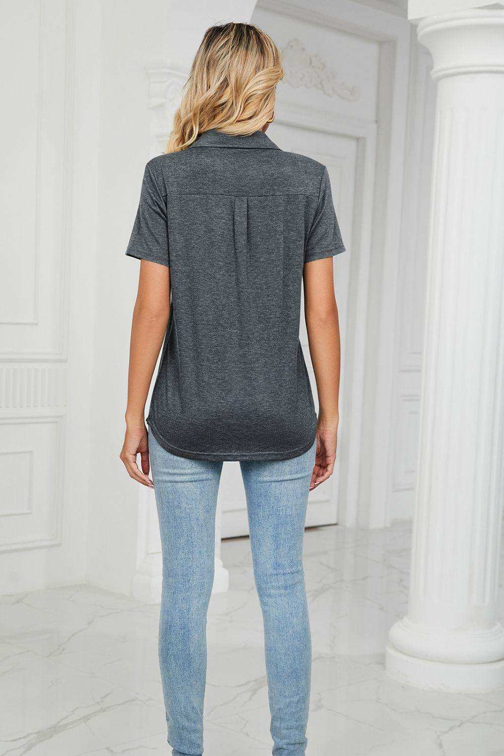 Curved Hem Johnny Collar Polo Shirt - Trendsi - Flyclothing LLC