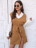 Tie Front V-Neck Sleeveless Slit Sweater Dress - Trendsi - Flyclothing LLC