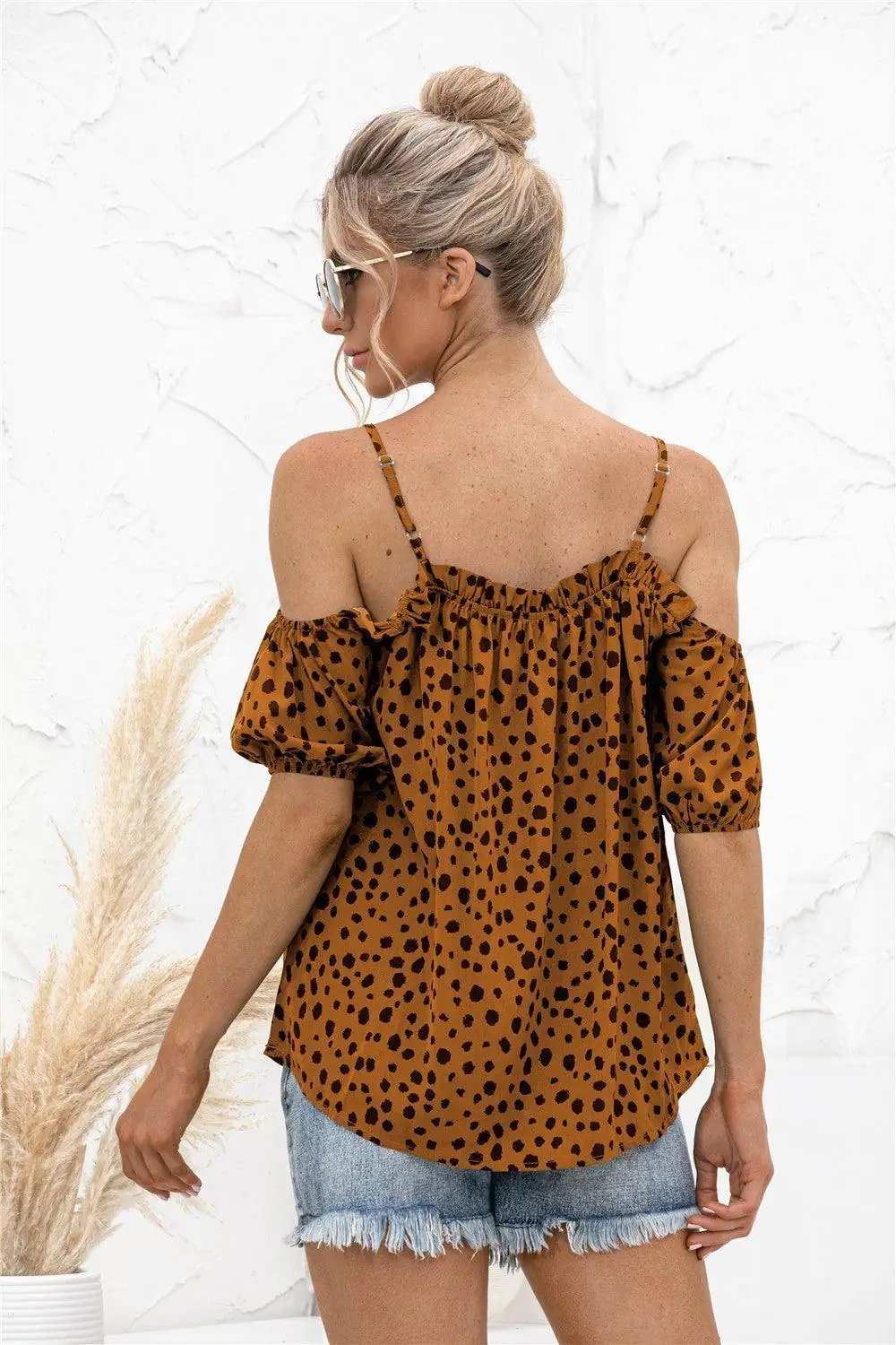Printed Cold-Shoulder Frill Trim Blouse - Trendsi - Flyclothing LLC