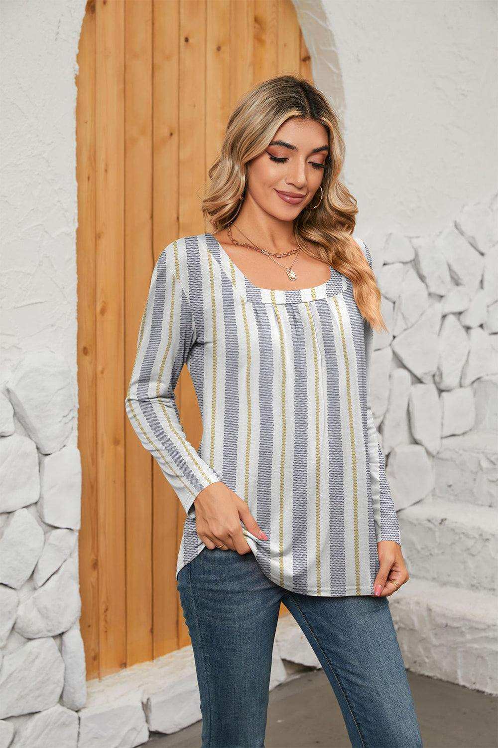 Printed Square Neck Long Sleeve Blouse - Trendsi - Flyclothing LLC