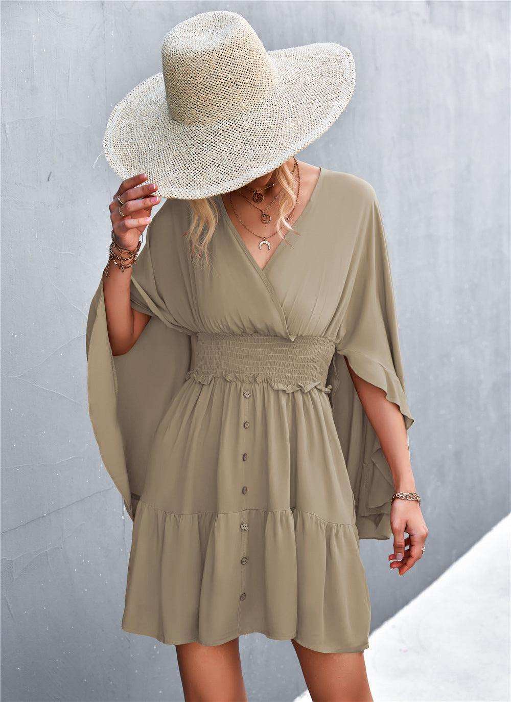 Decorative Button Smocked Waist Surplice Dress - Trendsi - Flyclothing LLC