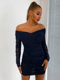 Glitter Ruched Off-Shoulder Long Sleeve Bodycon Dress - Trendsi - Flyclothing LLC