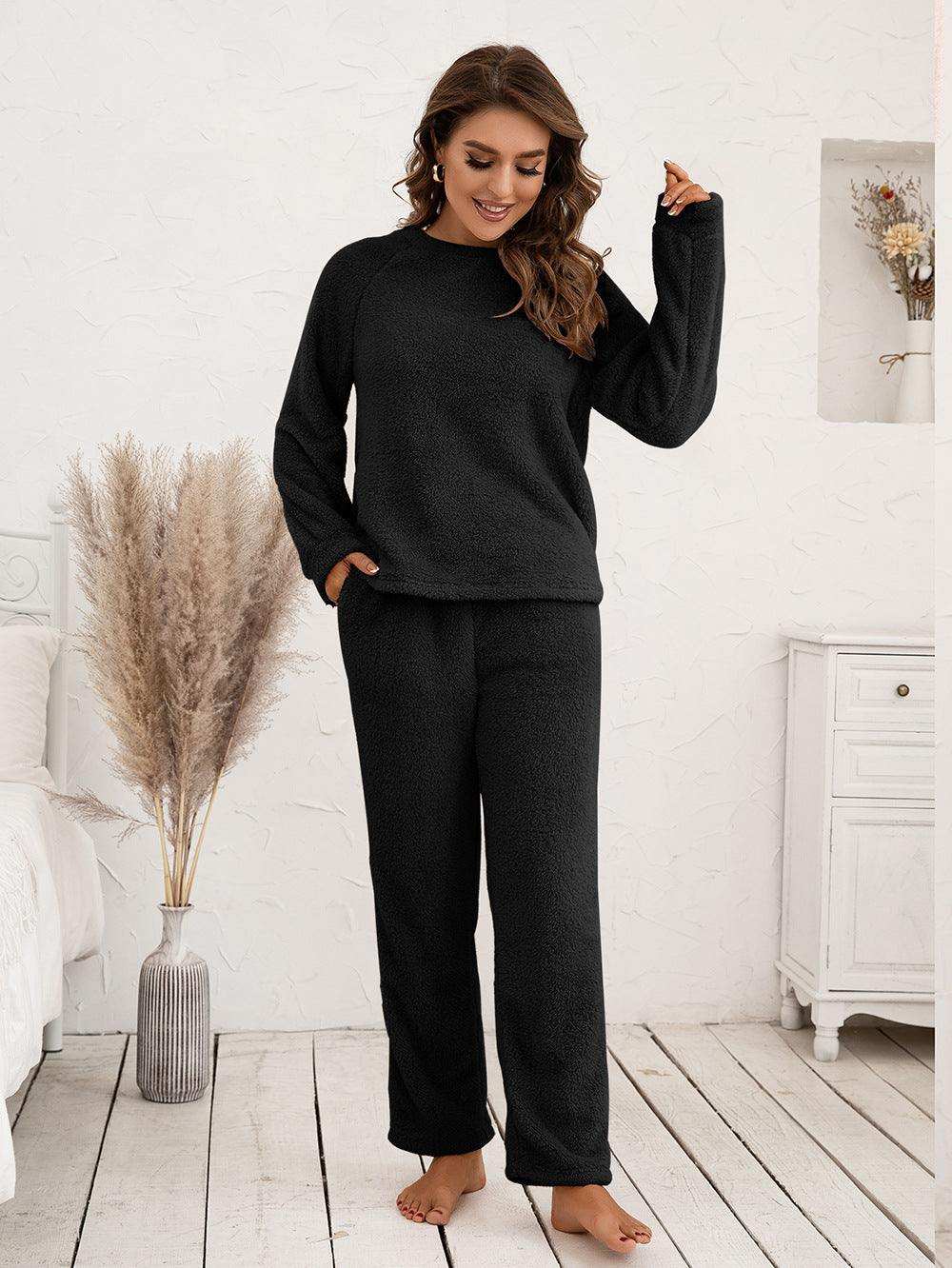 Teddy Long Sleeve Top and Pants Lounge Set - Trendsi - Flyclothing LLC