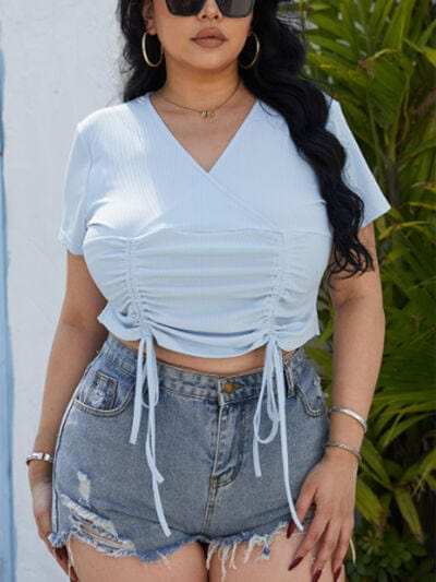 Plus Size Ruched Surplice Short Sleeve Blouse - Trendsi - Flyclothing LLC