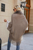 Striped Fringe Detail Long Sleeve Poncho - Trendsi - Flyclothing LLC