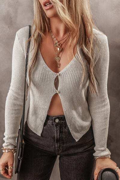 V-Neck Long Sleeve Cropped Cardigan - Trendsi - Flyclothing LLC