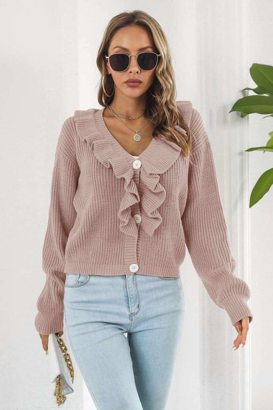 Ruffle Trim Button-Down Dropped Shoulder Sweater - Trendsi - Flyclothing LLC