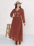 Plus Size Embroidered Tie Neck Long Sleeve Dress - Trendsi - Flyclothing LLC