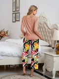 Round Neck Top and Printed Pants Lounge Set - Trendsi - Flyclothing LLC