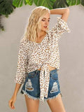 Tied Printed Button Up V-Neck Blouse - Trendsi - Flyclothing LLC