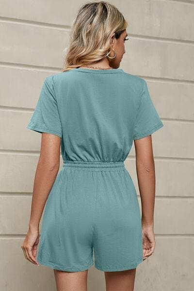 Drawstring Half Button Short Sleeve Romper - Trendsi - Flyclothing LLC