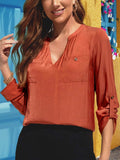 Notched Neck Long Sleeve Top - Trendsi - Flyclothing LLC