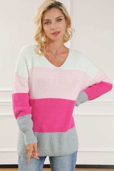 Color Block V-Neck Dropped Shoulder Sweater - Trendsi - Flyclothing LLC
