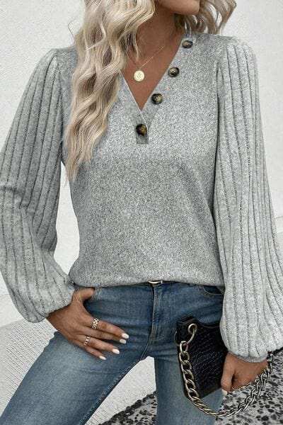 Decorative Button V-Neck Lantern Sleeve Blouse - Trendsi - Flyclothing LLC