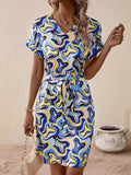 Tied Printed V-Neck Short Sleeve Dress - Trendsi - Flyclothing LLC
