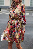 Printed Tie Waist Mock Neck Lantern Sleeve Dress - Trendsi - Flyclothing LLC
