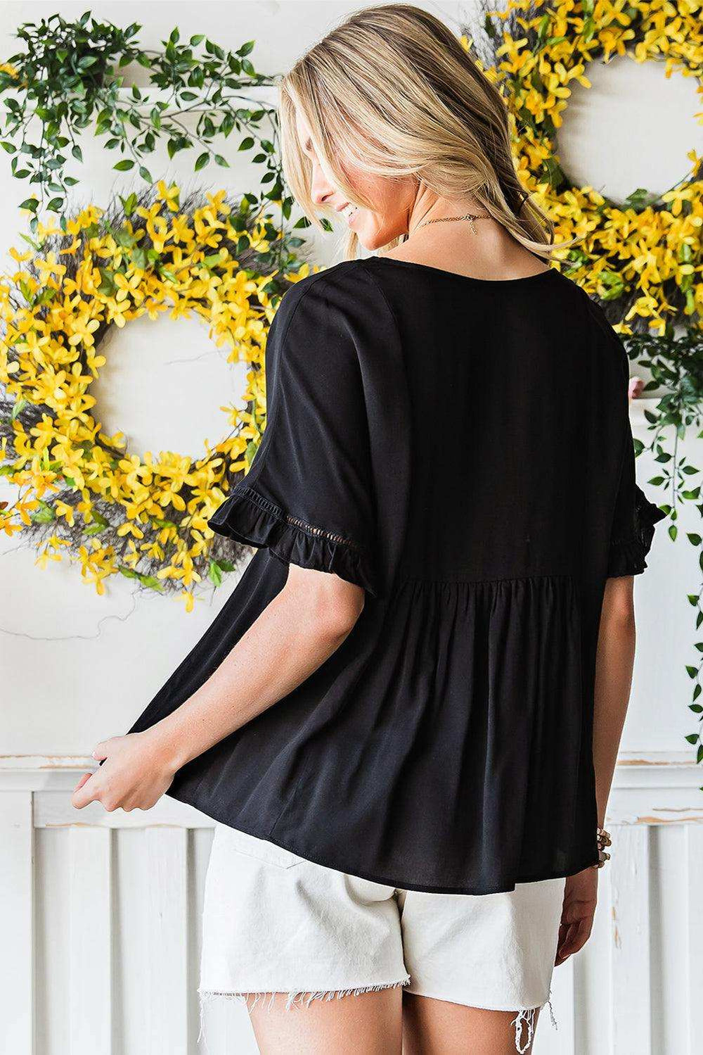 V-Neck Flounce Sleeve Babydoll Blouse - Trendsi - Flyclothing LLC
