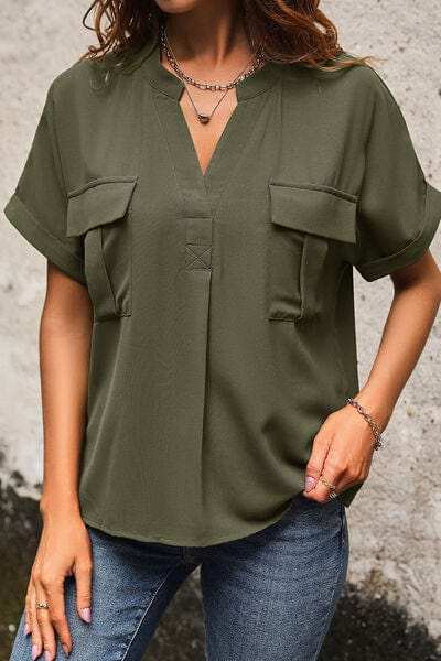 Pocketed Notched Short Sleeve Blouse - Trendsi - Flyclothing LLC